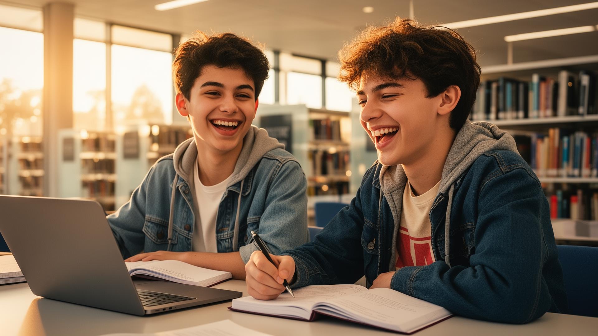 Deux collégiens souriants qui révisent ensemble en bibliothèque