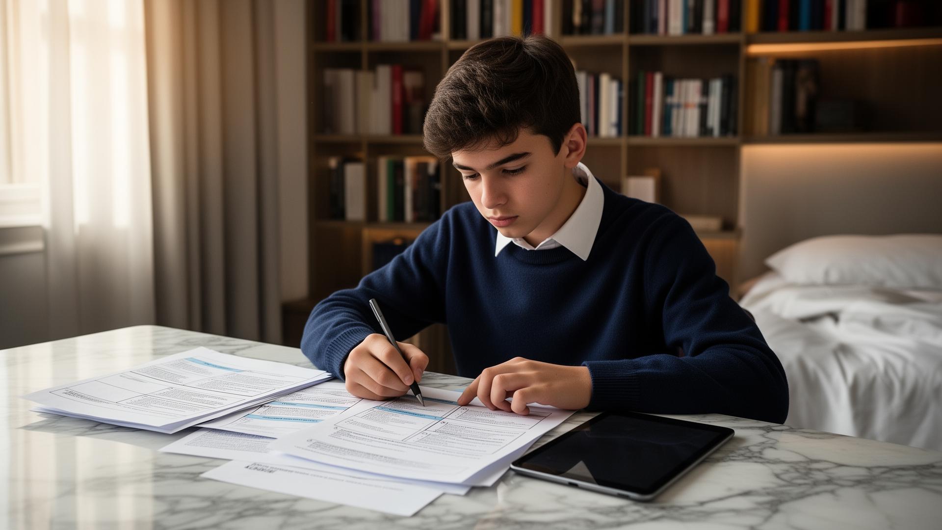 Collégien concentré qui prend des notes sur ses fiches de révision